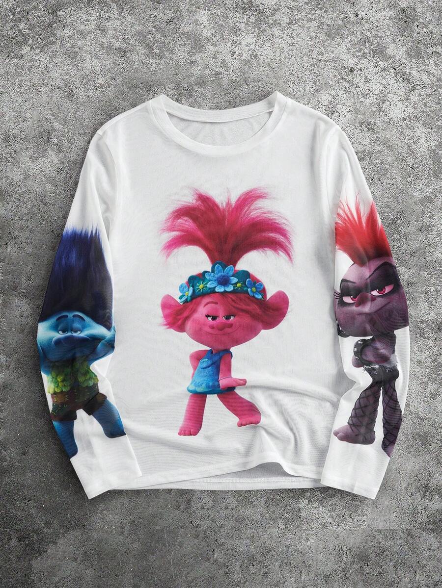 SHEIN Trolls Men's Cartoon Pattern White Crew Neck Long Sleeve T-Shirt - White - View 1