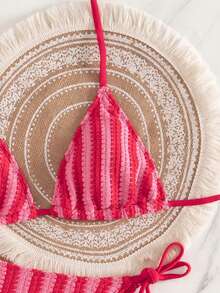 Swim Vcay 3pcs/Set Knitted Party, Beach, New Year Dress, Sexy Beach Dress, Red New Year Winter Christmas Dress, Elegant Summer Women Bikini Swimwear Set - Red - View 1