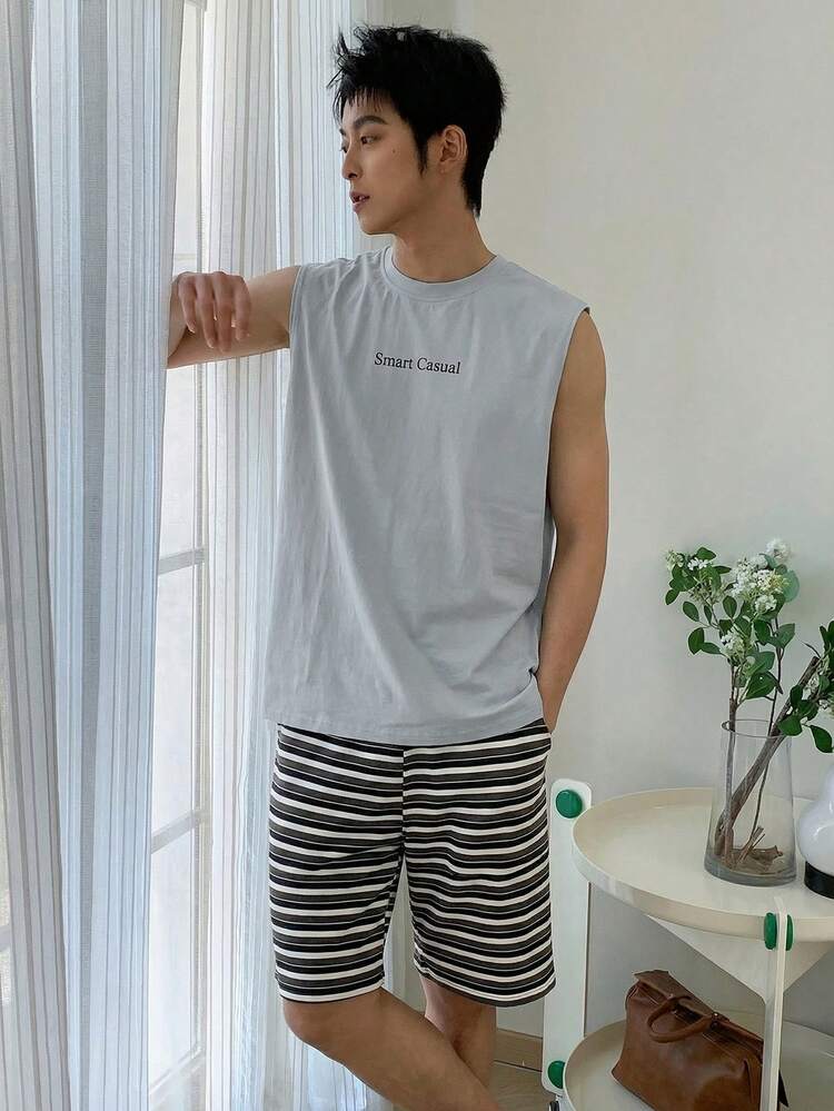 Men's Summer Letter Print Tank Top And Striped Shorts Pajama Set