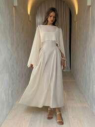 Aloruh Vestido feminino novo, liso, cor damasco, estilo vintage romântico, com decote quadrado e xale de chiffon, ideal para encontros românticos e chá da tarde.