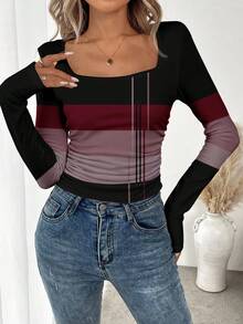 SHEIN LUNE Women's Casual Striped Print Square Neck T-Shirt - Multicolor - View 3