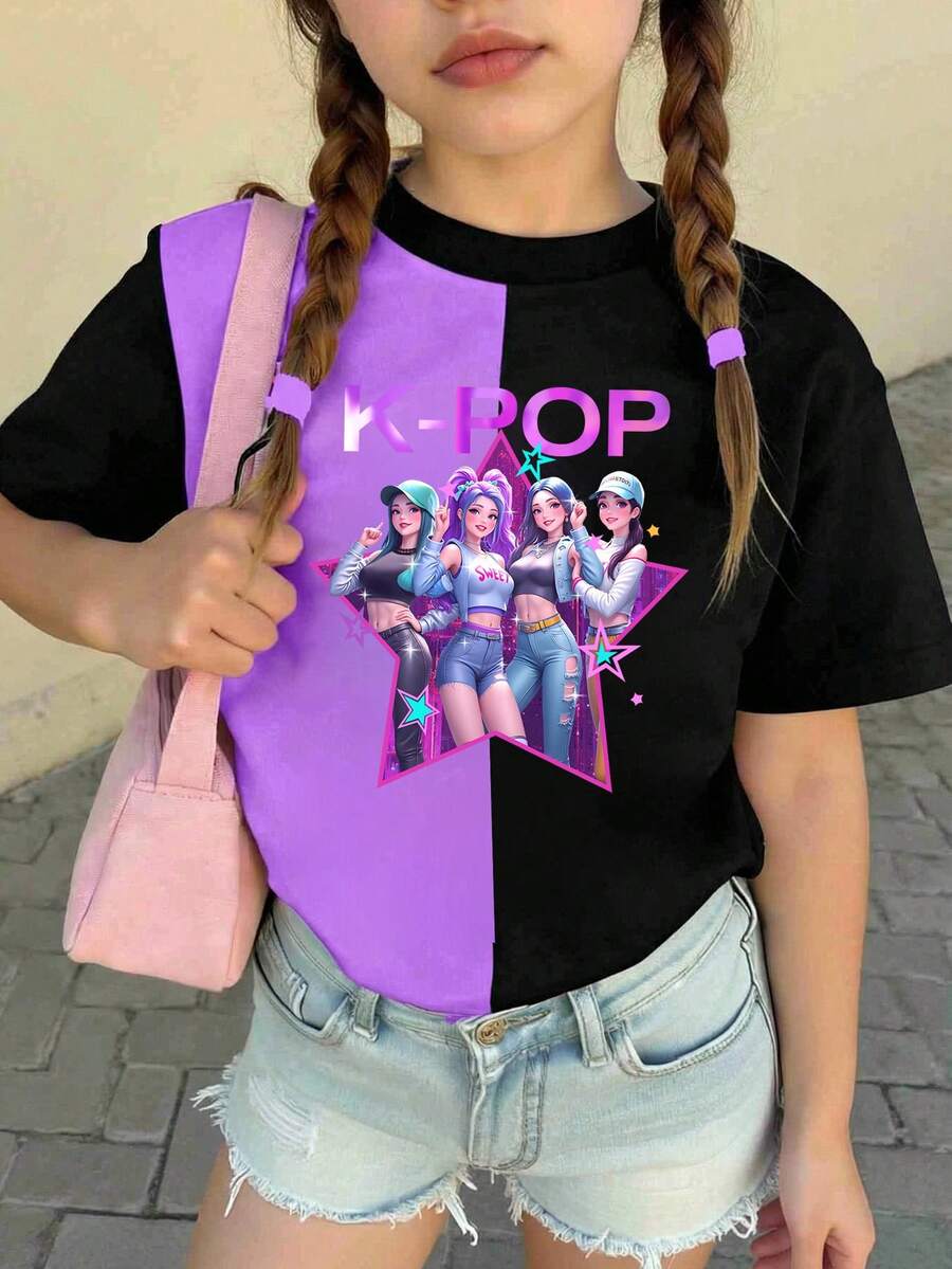 Kpop 女孩图案印花圆领短袖休闲百搭T恤 - 彩色 - 查看 1