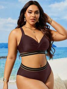 Swim Lushoire Plus Size Women's Summer Beach Striped Mesh Sexy Bikini Swimsuit Set - Brown - View 7