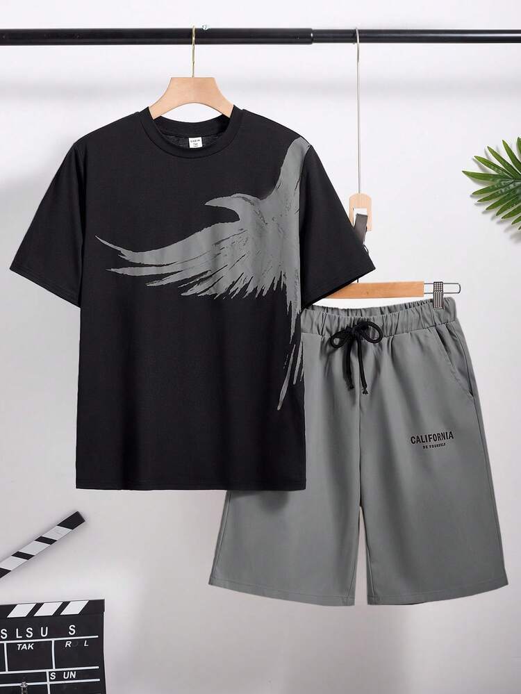 SHEIN Bộ áo thun ngắn tay và quần short in hình chim phối màu tương phản dành cho bé trai tuổi teen, phong cách học sinh thường ngày, thoải mái và thời trang, đa năng, chất liệu mềm mại, phù hợp cho mặc hàng ngày, đi học, dã ngoại, thể thao ngoài trời, mùa xuân/hè. - Xám - Xem 2