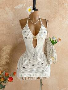 Soleia Women's Solid Color Sequin Design Hollow Out Halter Knit Dress, Vacation - White - View 1