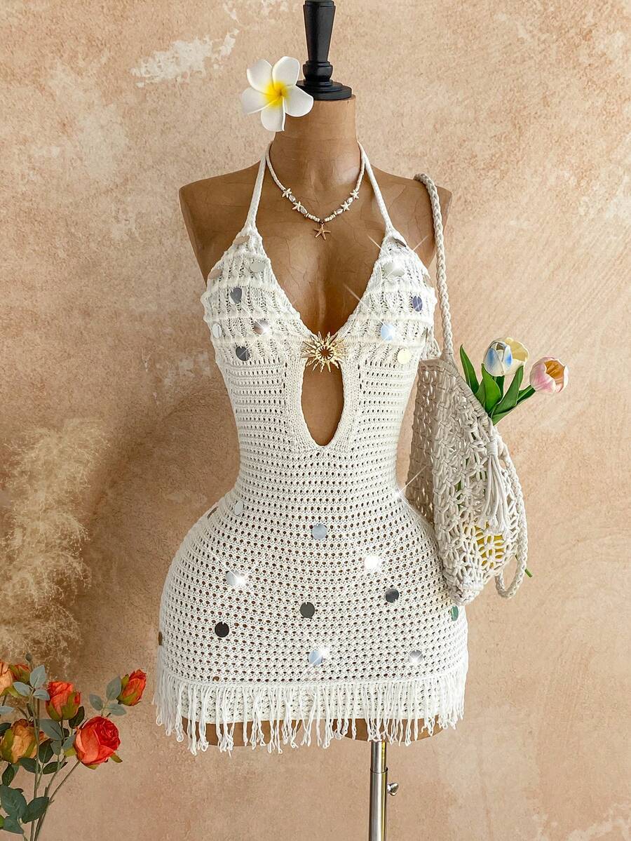 Soleia Đầm dệt kim cổ yếm khoét rỗng màu trơn đính sequin dành cho nữ, thích hợp cho kỳ nghỉ. - trắng - Xem 1