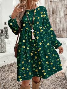 EMERY ROSE St. Patrick's Day Casual Minimalist Ditsy Floral Pattern Loose Fit Round Neck Plus Size Dress, Suitable For Spring And Summer Spring - Multicolor - View 1
