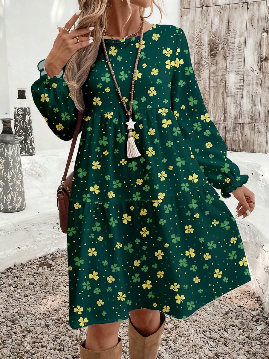 EMERY ROSE St. Patrick's Day Casual Minimalist Ditsy Floral Pattern Loose Fit Round Neck Plus Size Dress, Suitable For Spring And Summer Spring - Multicolor - View 1