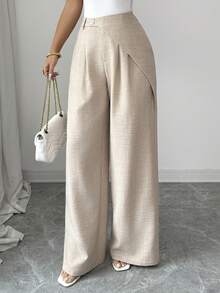 Elenzga 女士春夏优雅褶裥直筒裤，带口袋，适合外出、新年、情人节、复活节、母亲节、中东婚礼、职场、浪漫假期等场合，米色 - 杏色 - 查看 6