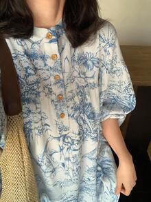 FRIFUL 女士印花蓝色褶皱喇叭袖宽松休闲连衣裙，婚礼宾客礼服，女士吊带裙 - 藍色 - 查看 4