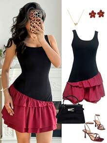 Chiquease Vestido curto estilo bolo em contraste preto e vermelho, moderno e elegante para shows, festas, Ano Novo e encontros no Dia dos Namorados. - Vermelho e preto - Ver 3
