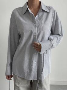 Livesso Chemise femme à manches longues, style décontracté chic, avec design à dos nu et liens, rayures, pour le printemps/été. pour le bureau et la rue - Gris - Voir 3