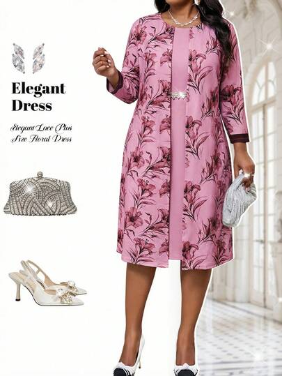 Fleurora Conjunto de 2 piezas de chaqueta y vestido con estampado floral elegante para talla grande