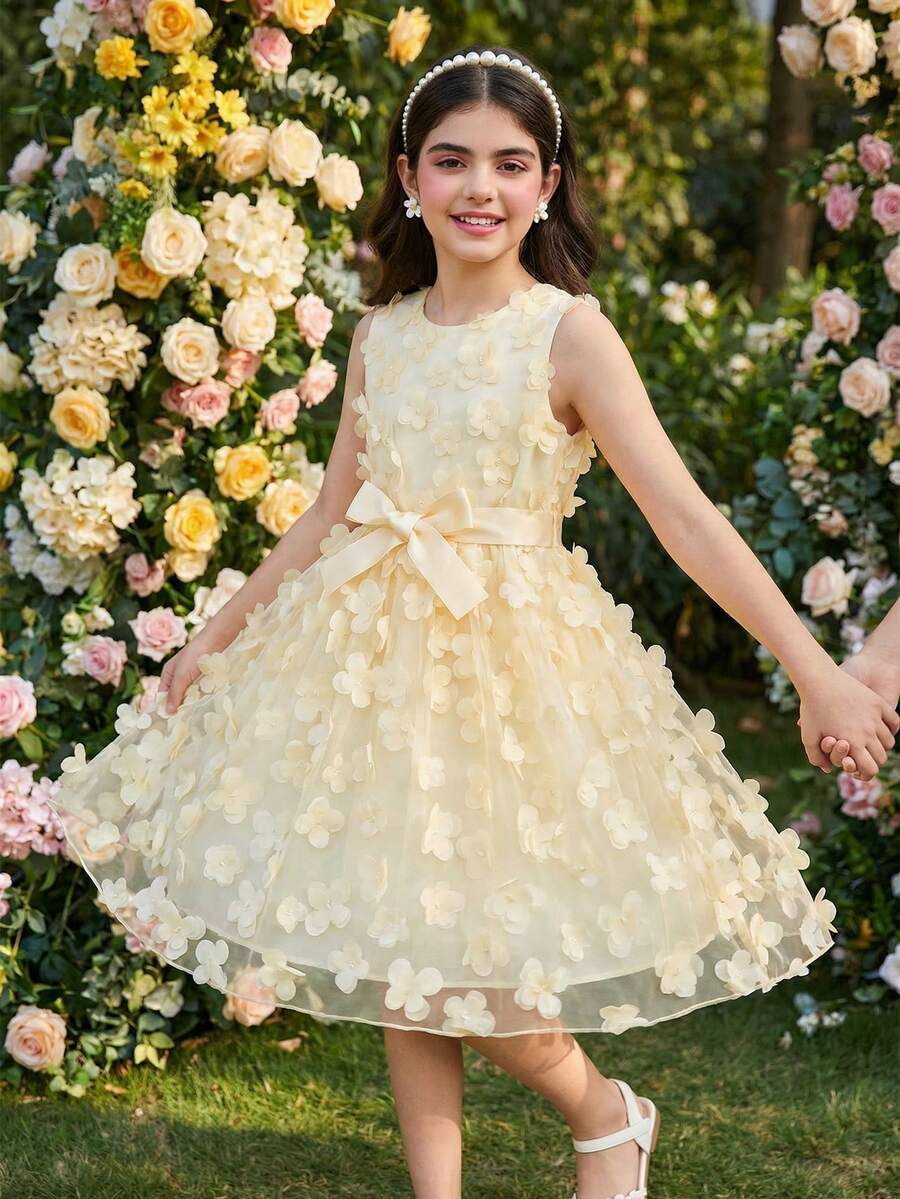 SHEIN 1pc Tween Girls' Spring/Summer Sleeveless Round Neck Mesh Butterfly Embroidered Party Elegant Flower Girl Wedding Bridesmaid Sweet A-Line Dress With Satin Belt, Everyday Wear Princess Dress - Apricot - View 1