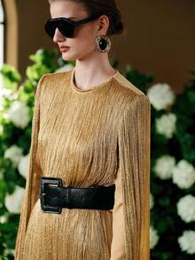 Arave Đầm ngắn dự tiệc/hẹn hò thời trang cổ tròn có tua rua dành cho nữ - Màu Khaki - Xem 7