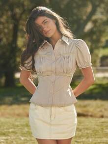WESTFADE Striped Woven & Lace Collared Button Front Short Puff Sleeve Tie Back Fitted Top - Brown - View 1