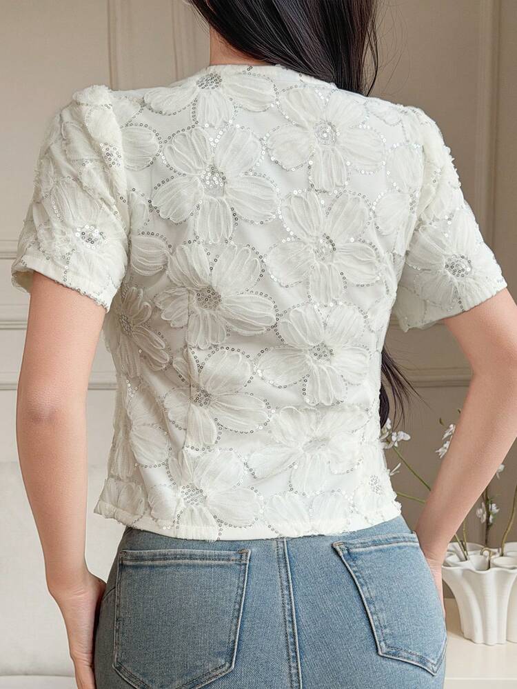 Women's Elegant Lace Round Neck Blouse, Waist Cinched Design, Casual For Commute, Suitable For Spring, Summer, Valentine's Day, Wedding