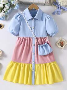 Sparklyn Tween Girl Colorblock Ruffle Hem Button Front Short Sleeve Dress - Multicolor - View 7