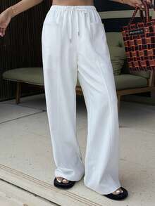 Livesso Women's Lace-Up White Pocket Casual Solid Color Pants - White - View 4