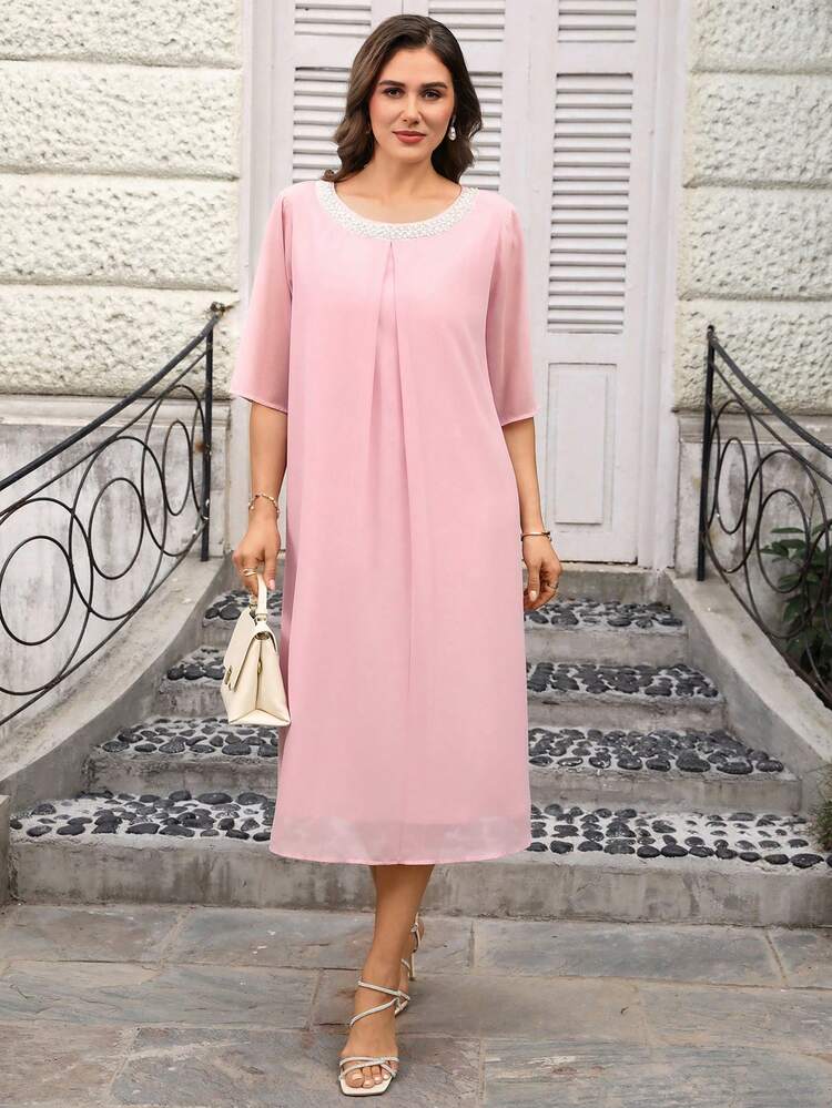Plus Size Women Faux Pearl Decor Round Neck Loose Elegant Midi Dress For Summer/ Vacation Solid Color Dress Pink Casual Dress Pastel Dress Plus Size Summer Outfits Formal Attire For Women Elegant Long Dress