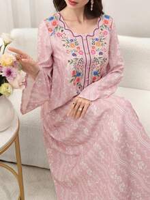 Yasmyna V-Neck Floral Print Front Button Abaya, Pink - Pink - View 9