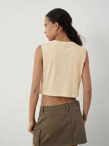 SHEIN BASICS 女士纯色无袖背心，简约百搭，夏季 - 杏色 - 查看 3