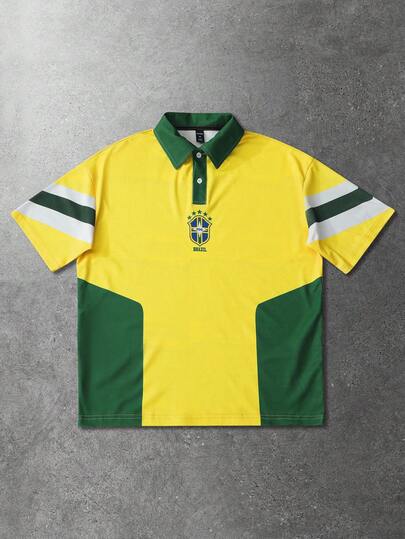 ROMWE MEN Polo para hombre, estilo callejero americano con esquema de colores de Brasil para la Copa Mundial 2026, camisa polo de manga corta