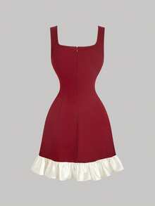 SHEIN MOD 女士优雅情人节约会迷你连衣裙，饰有仿珍珠，撞色荷叶边下摆，收腰设计 - 紅色 - 查看 3