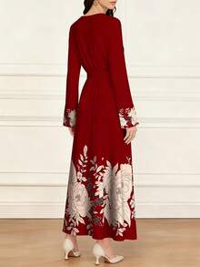 SHEIN Najma 女士杏色花卉印花V领长袖优雅阿拉伯风格长款连衣裙，春季 - 彩色 - 查看 2