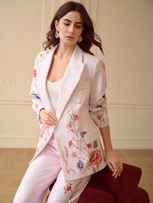 ZEYLAH Printed Loose Double-Breasted Blazer, Spring/Summer - Pink - View 7
