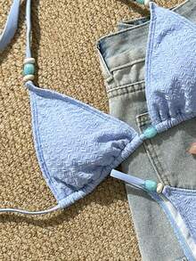 Swim Mod Women's Blue Textured Fabric Halter Triangle Top & V-Shape Bottom Bikini Set, Beach/Swimwear, Spring/Summer - Blue - View 4