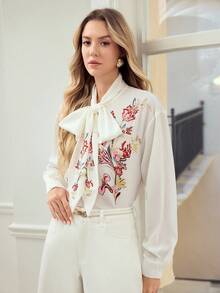MOTF PREMIUM WOMEN'S FLORAL PRINTED LONG SLEEVE BLOUSE, SPRING/SUMMER - White - View 4