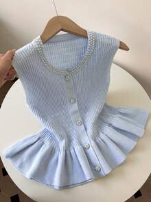 GlowEve Sleeveless Round Neck Pearl Decor Single Row Rhinestone Button Hollow Waist Ruffle Hem Women Sweater - Blue - View 3