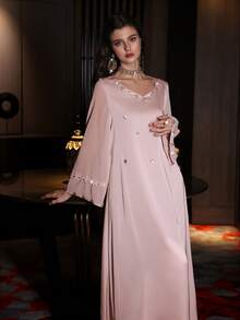 Al Najma Elegant Sweetheart Neck Studded Pearl Flare Sleeve Swing Dress, Spring/Summer
