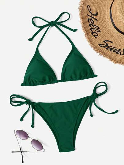 Swim Vcay Solid Color Halter Tie Front Bikini Swimsuit, Suitable For Beach, Summer