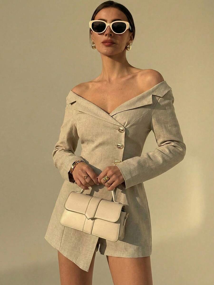 Aloruh Women's New Collared V-Neck Slim-Fit Jumpsuit, Cinched Waist, Elegant Holiday Wear, Beachwear, Carnival Outfit, Casual Skirt-Pants, Elegant Jumpsuit, Vacation Tea Break Attire. - Khaki - View 1