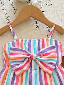 SHEIN LMoss Kids Bộ áo liền quần mùa hè dễ thương cho bé gái, màu hồng và trắng kẻ sọc, có nơ trang trí. - Nhiều màu - Xem 5