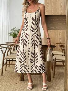Selamara 女士度假植物印花口袋休闲无袖中长连衣裙 - 米色 - 查看 4