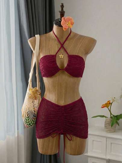 Bellisia 女士夏季酒红色复古蕾丝镂空泳装套装，柔和的酒红色，配有可调节肩带，系带褶皱上衣和抽绳荷叶边裙，透视蕾丝质感，性感休闲的海滩度假风