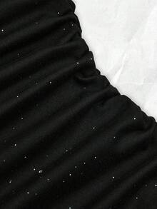 Olithes Robe décontractée en tissu noir brillant avec col ras-du-cou, taille nouée, double volant à l'ourlet, convient pour les sorties, le travail, les rendez-vous, les fêtes, les rassemblements, le thé de l'après-midi - Noir - Voir 8