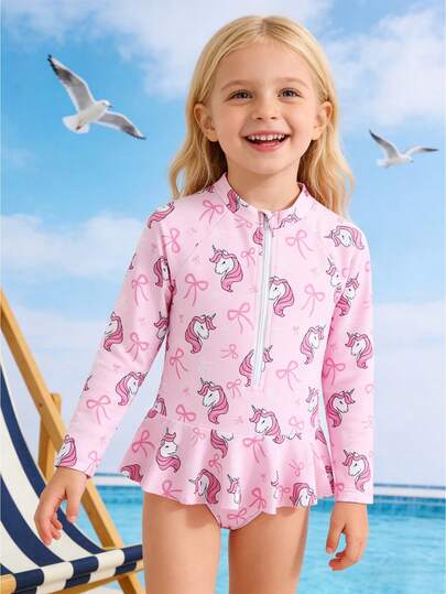 1 pieza Vestido lindo con estampado de unicornio para niñas, tela de punto elástica y de secado rápido y cómoda, traje de baño de una pieza para niñas jóvenes, adecuado para playa, piscina, surf, vacaciones y viajes de verano