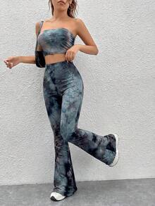 SHEIN EZwear 2pcs Women's Tie-Dye Bandeau Top And Flare Pants Set, Spring/Summer - Black and White - View 1