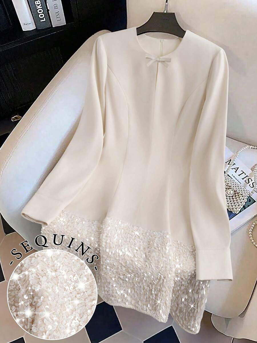 GlowEve Women's Round Neck Bow Decor Pearl Button Sequin Hem Long Sleeve Maxi Dress Fall Cloth For Women - White - View 1