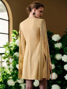 Arave Đầm ngắn dự tiệc/hẹn hò thời trang cổ tròn có tua rua dành cho nữ - Màu Khaki - Xem 4