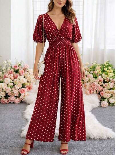 Palazzo de lunares cuello v con escote largo mono dama casual elegante manga 3/4 largo suelto