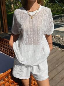 DAZY Women's Hollow Out T-Shirt 2 Pieces Set, Spring/Summer - White - View 1