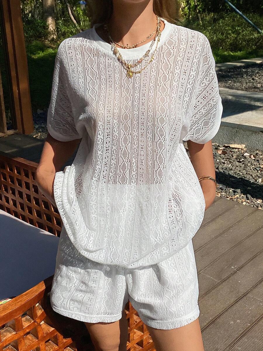 DAZY Women's Hollow Out T-Shirt 2 Pieces Set, Spring/Summer - White - View 1
