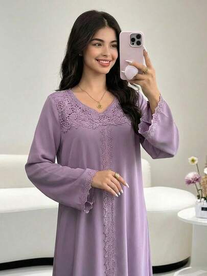 SHEIN 紫色蕾丝领花卉拼接几何图案长袖连衣裙，优雅长袍，少女连衣裙