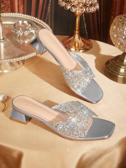 CUCCOO TILAWA Women's Fashion Rhinestone Decor Slip-On High Heel Sandals, Suitable For Outdoor Activities And Parties, Spring Shoes, Spring Break Easter Prom Heels