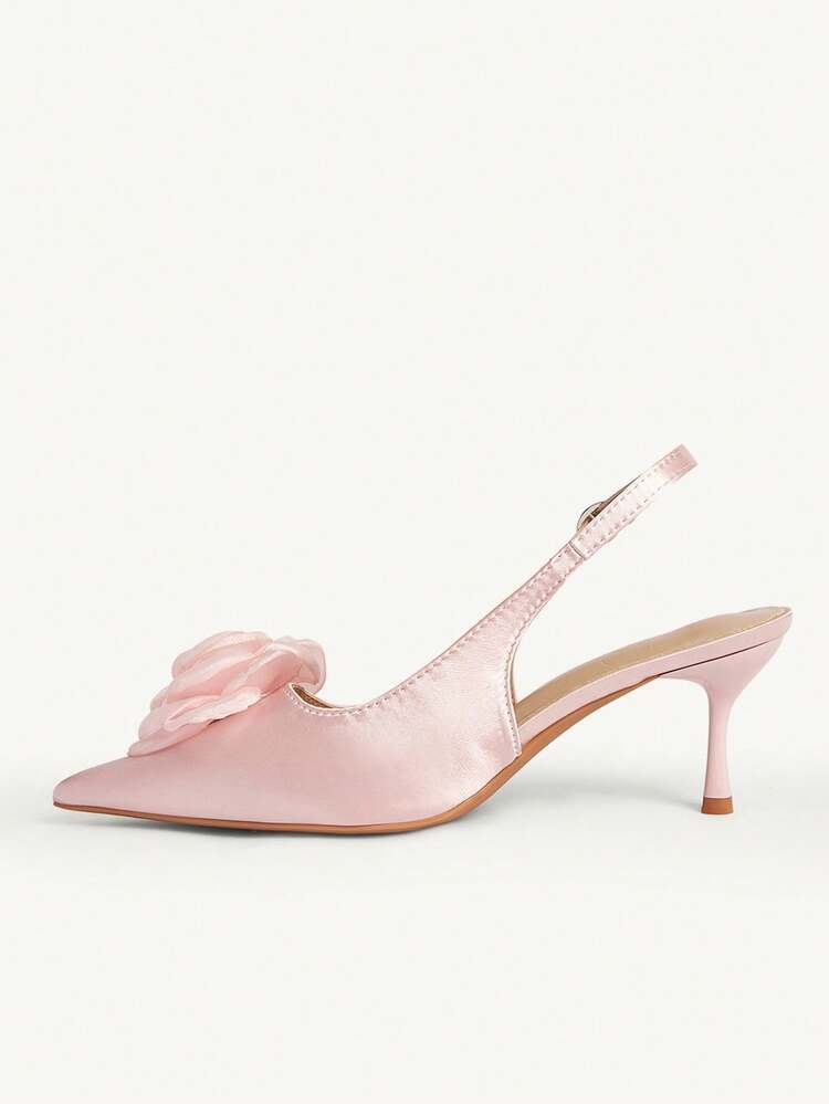 CUCCOO CHICEST Women's Pointed Toe Floral Embellished Mid Heel Pumps, Elegant Sweet Romantic Shallow Pink Satin High Heels, Dress Shoes For Afternoon Tea, Date, Party, New Year, Summer Festival Wedding Shoes Summer Shoes Bride Shoes